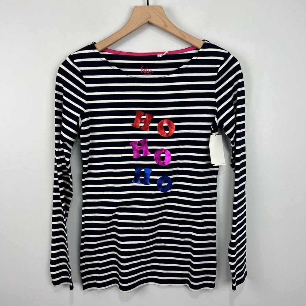 Boden Navy Striped Holiday Ho Ho Ho Christmas Top US 2 NWT
